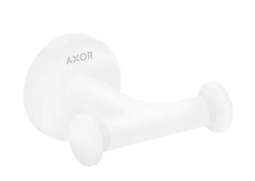 Weißer Handtuchhaken mit doppelt ausgeführtem Design, an der Wand montiert. Das Produkt trägt das Logo der Marke AXOR.